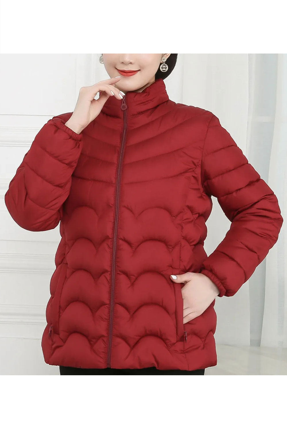 Women Lavender Stand Up Collar Neck Stretchable Cuff Side Slash Pocket & Front Easy Zip Fastener Cozy Winter Padded Jacket