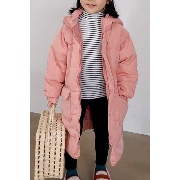 Kids Girls Thick Long Sleeve Tremendous Solid Colored Hat Neck Zipper Closure Winter Warm Padded Jacket