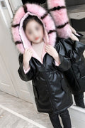 Kids Girls Beautiful & Pacifying Hairy Hooded Quickly Working Zip Closure Amazing Warm Winter Leather Jacket