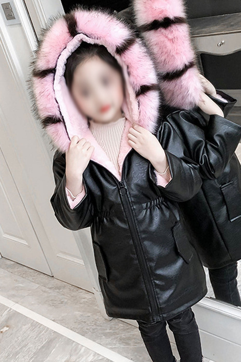 Kids Girls Beautiful & Pacifying Hairy Hooded Quickly Working Zip Closure Amazing Warm Winter Leather Jacket