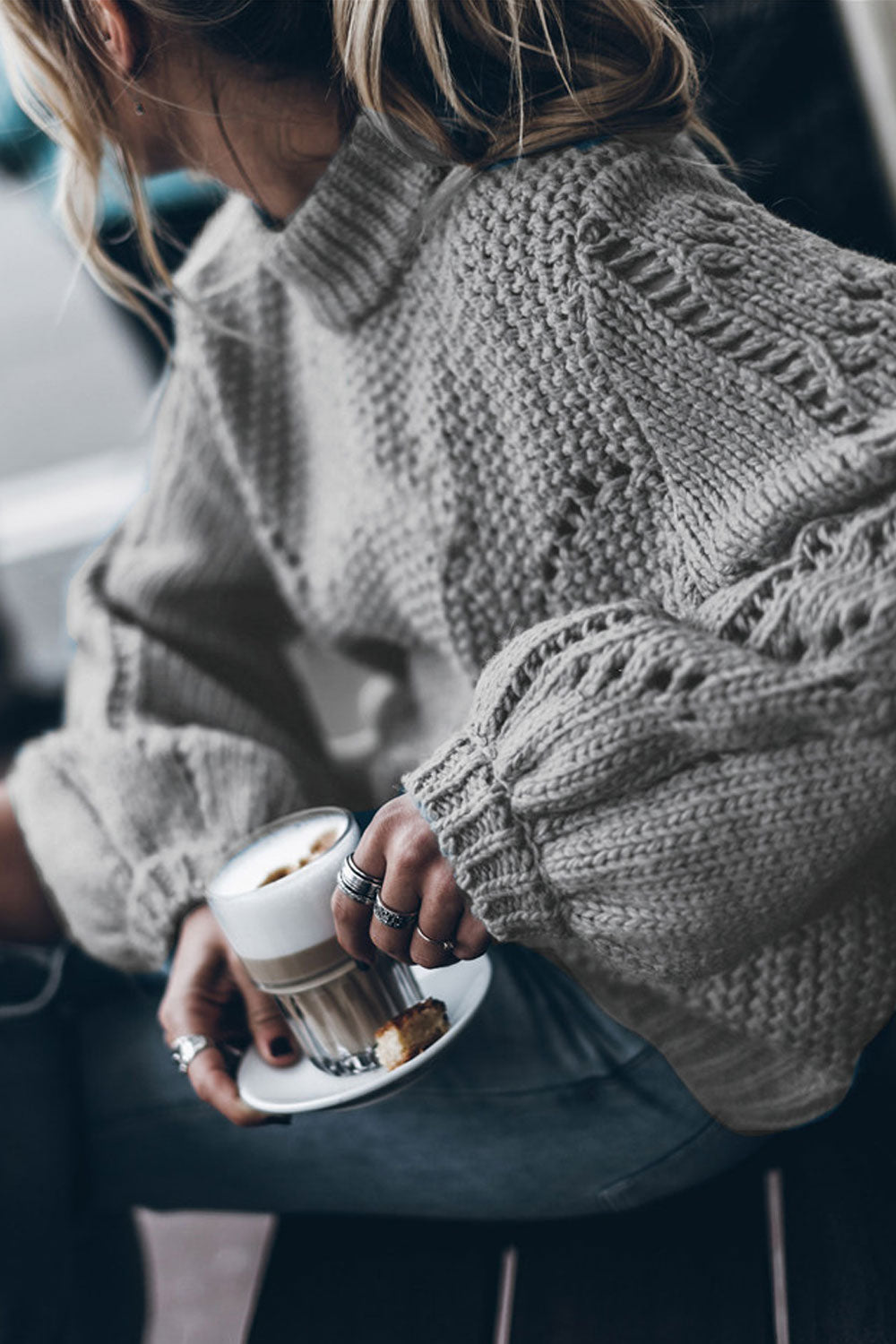 Women Amazing Knitted Design Bishop Style Sleeve Round Neck Warm Winter Sweater