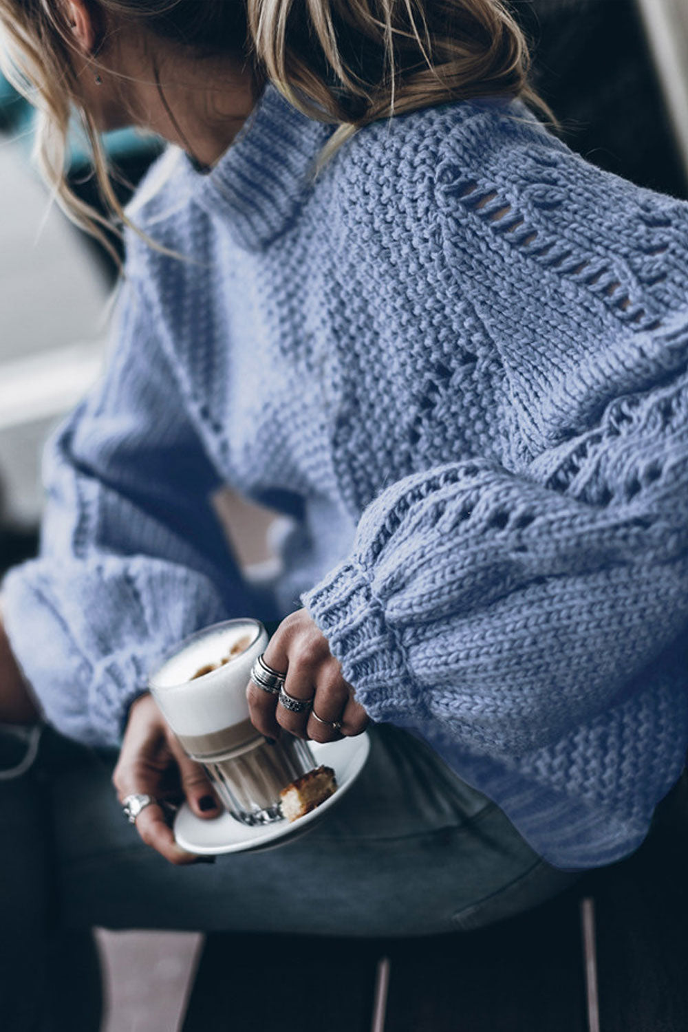 Women Amazing Knitted Design Bishop Style Sleeve Round Neck Warm Winter Sweater