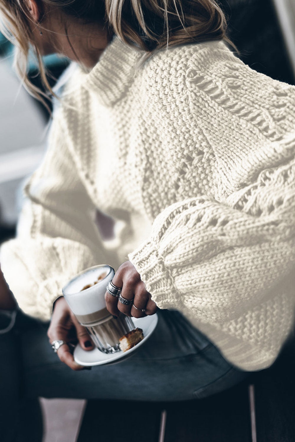 Women Amazing Knitted Design Bishop Style Sleeve Round Neck Warm Winter Sweater