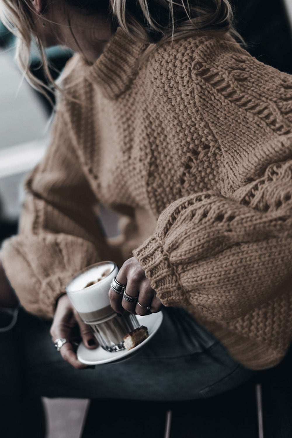 Women Amazing Knitted Design Bishop Style Sleeve Round Neck Warm Winter Sweater