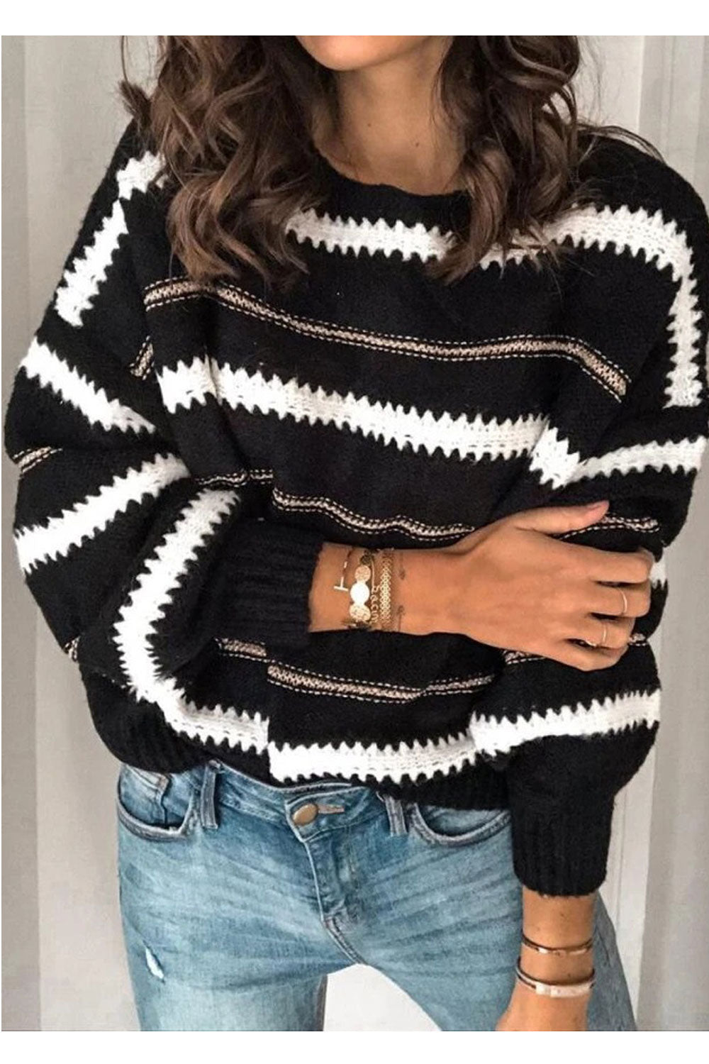 Women Magnetic Knitted Stripe Patterned Round Neck & Stretchable Ribbed Cuff Warm Winter Sweater