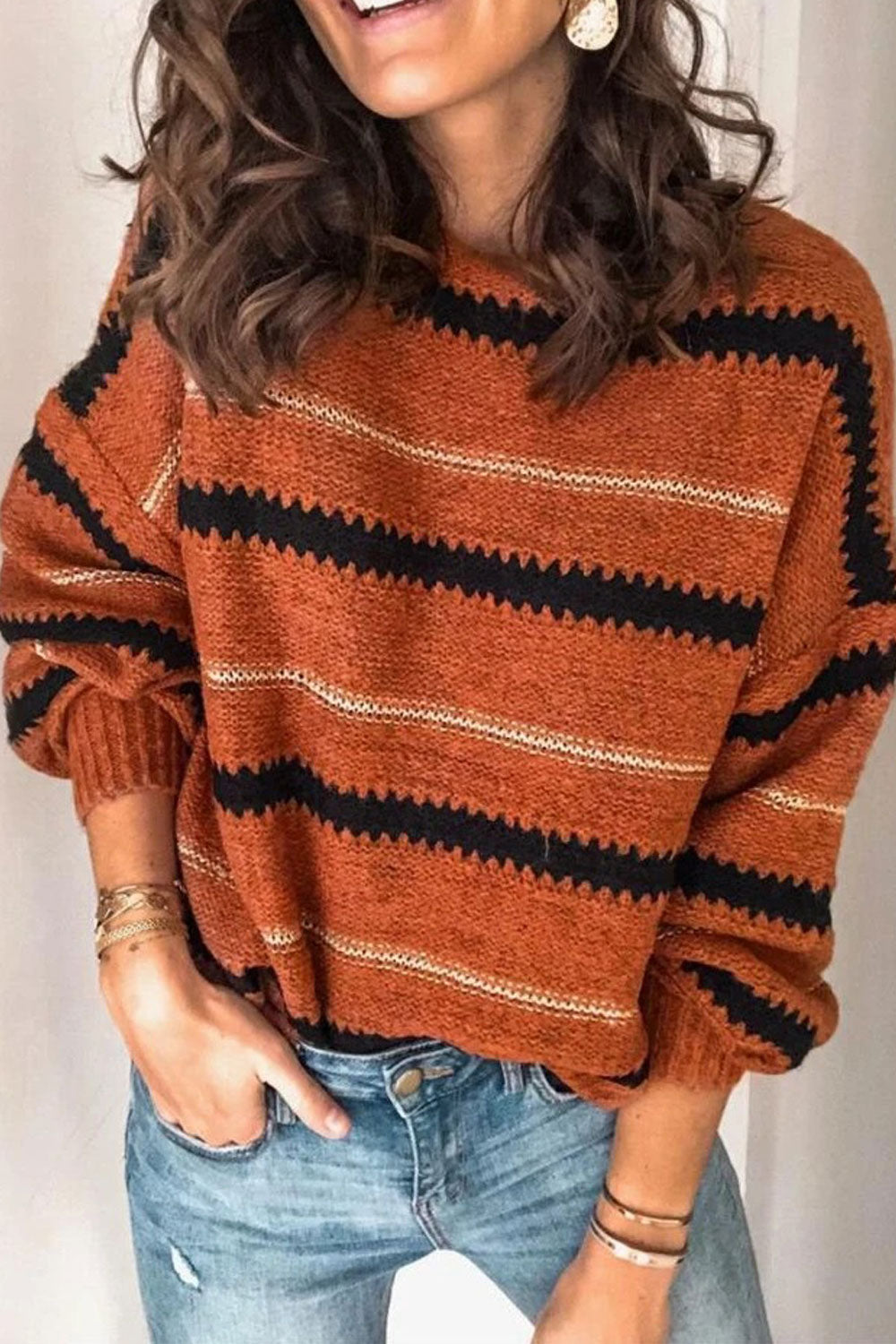 Women Magnetic Knitted Stripe Patterned Round Neck & Stretchable Ribbed Cuff Warm Winter Sweater