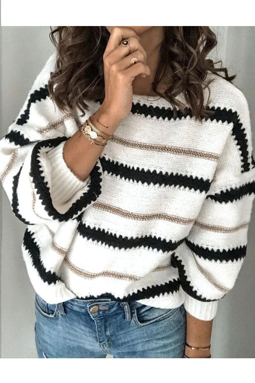 Women Magnetic Knitted Stripe Patterned Round Neck & Stretchable Ribbed Cuff Warm Winter Sweater