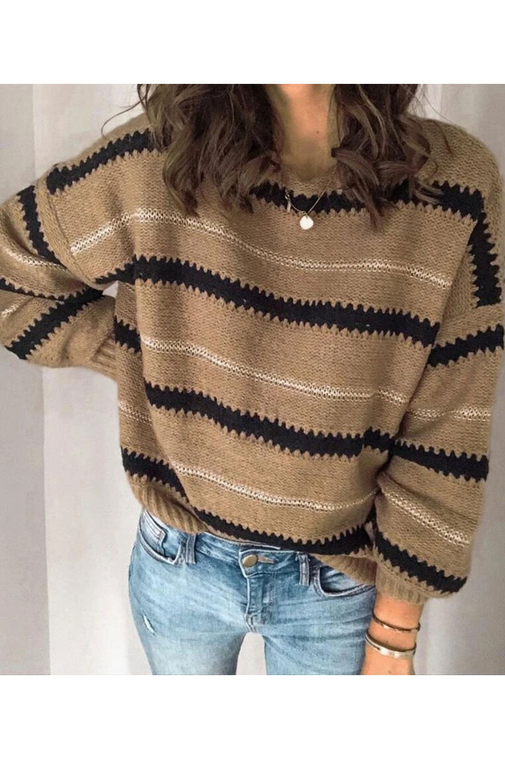 Women Magnetic Knitted Stripe Patterned Round Neck & Stretchable Ribbed Cuff Warm Winter Sweater