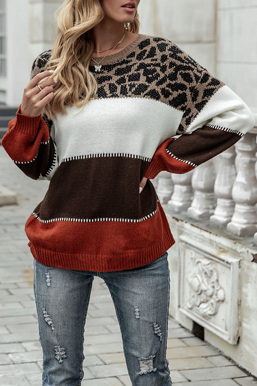 Women Fashionable Leopard Printed Round Neck Comfy Long Sleeve Knitted Warm Sweater
