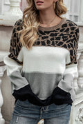 Women Fashionable Leopard Printed Round Neck Comfy Long Sleeve Knitted Warm Sweater