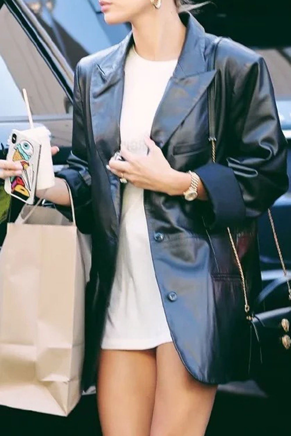 Women Comfortable Lapel Collar Neck Button Closure Flap Pockets Attractive Winter Leather Jacket