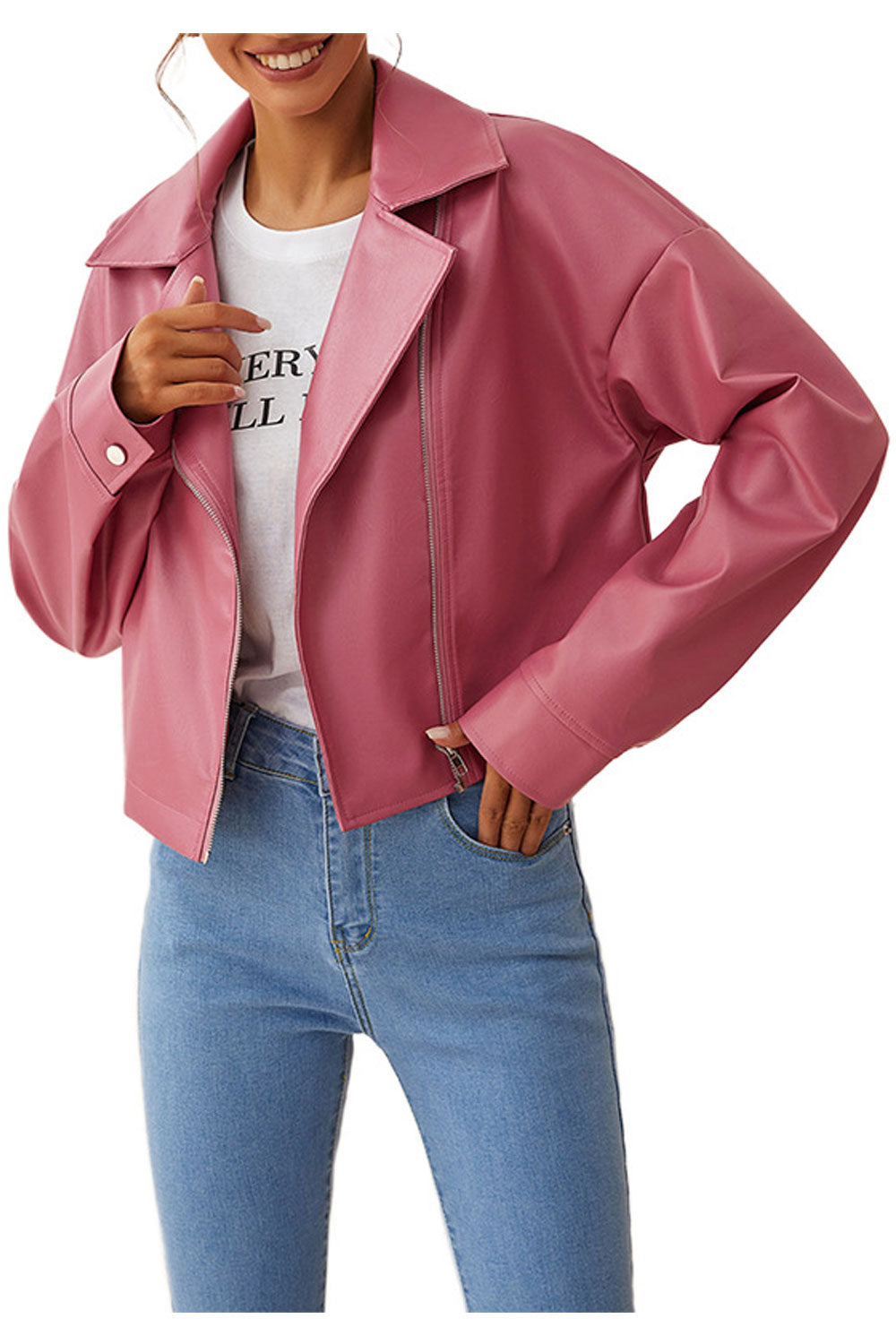 Women Prime Lapel Collar Buttoned Cuff Oblique Fastener Relax Leather Jacket