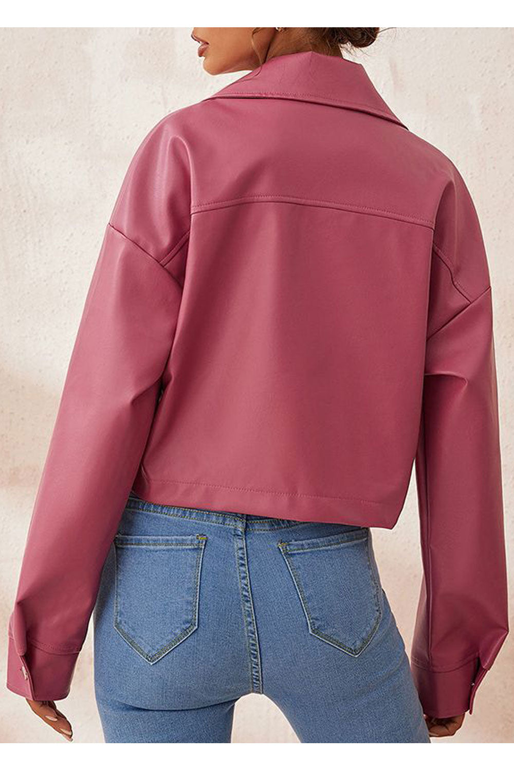 Women Prime Lapel Collar Buttoned Cuff Oblique Fastener Relax Leather Jacket