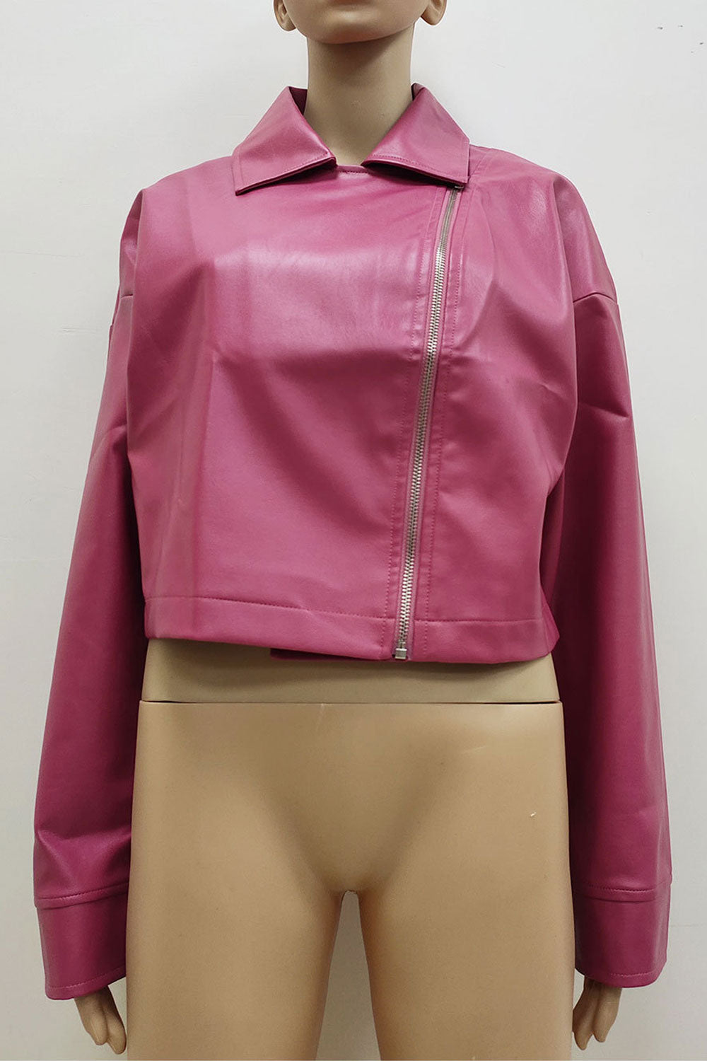Women Prime Lapel Collar Buttoned Cuff Oblique Fastener Relax Leather Jacket