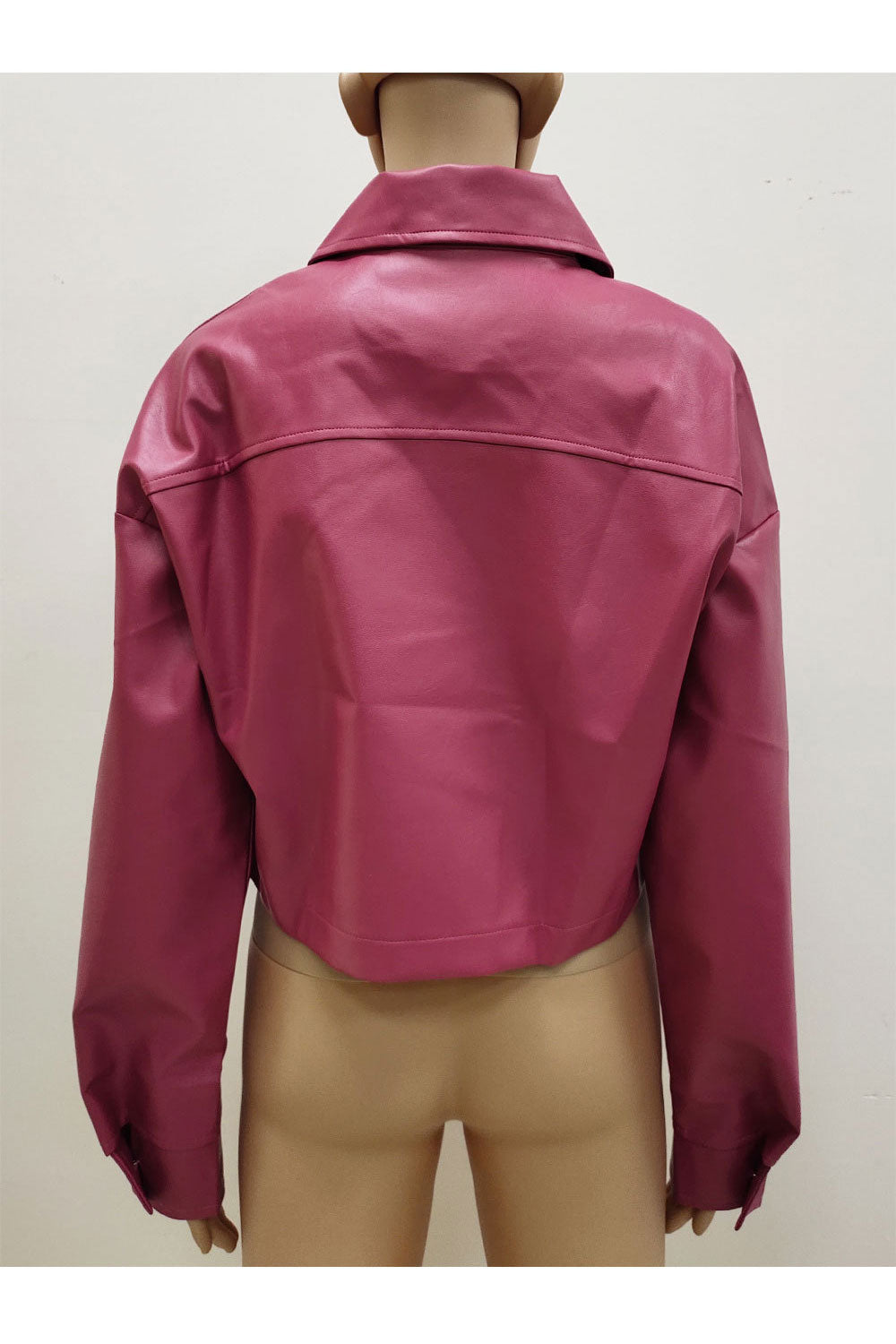 Women Prime Lapel Collar Buttoned Cuff Oblique Fastener Relax Leather Jacket