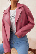 Women Prime Lapel Collar Buttoned Cuff Oblique Fastener Relax Leather Jacket