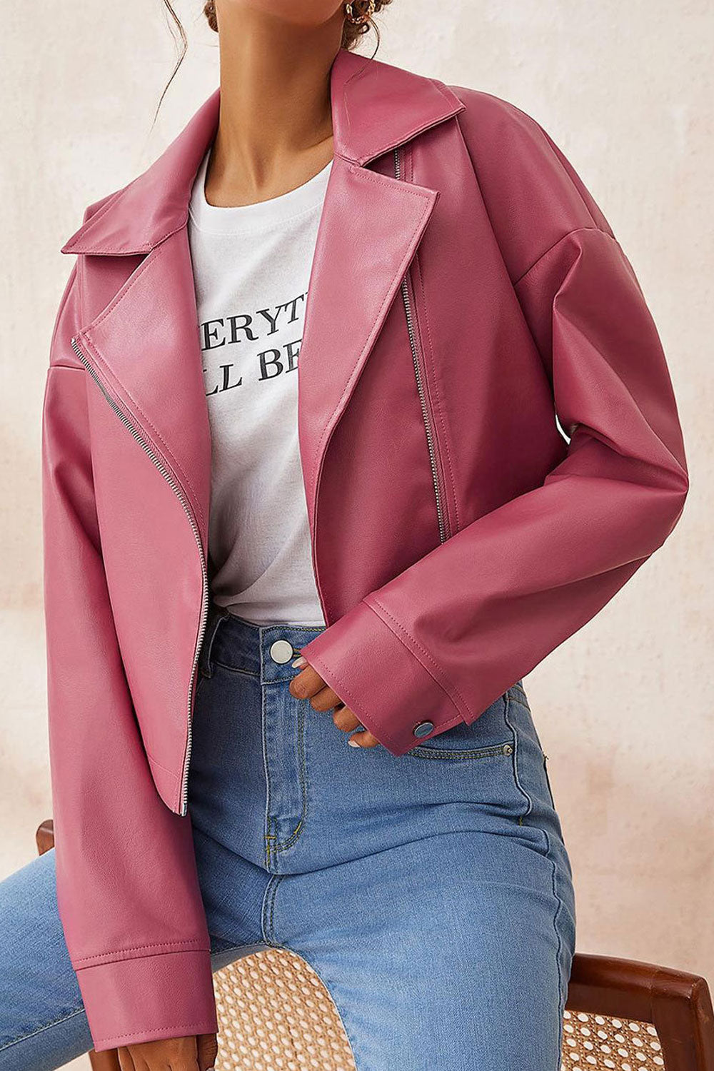 Women Prime Lapel Collar Buttoned Cuff Oblique Fastener Relax Leather Jacket