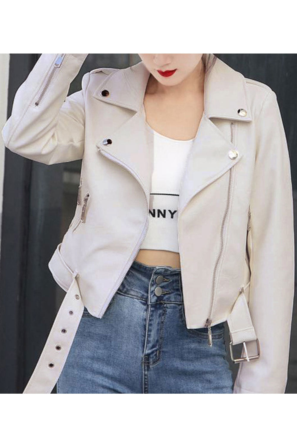 Women Unpigmented Lapel Collar Smooth Waist Buckled Belt & Zippered Fastener Cozy Winter Leather Jacket