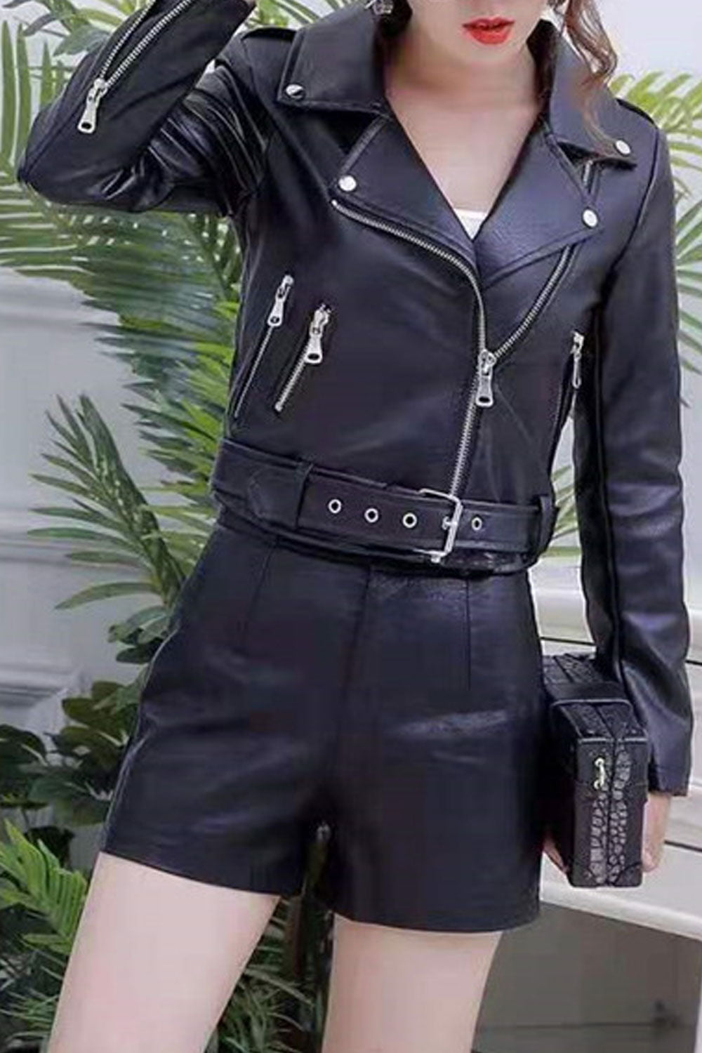 Women Unpigmented Lapel Collar Smooth Waist Buckled Belt & Zippered Fastener Cozy Winter Leather Jacket