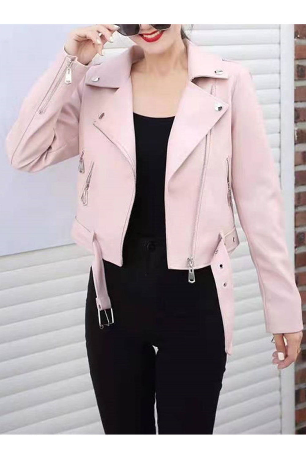 Women Unpigmented Lapel Collar Smooth Waist Buckled Belt & Zippered Fastener Cozy Winter Leather Jacket