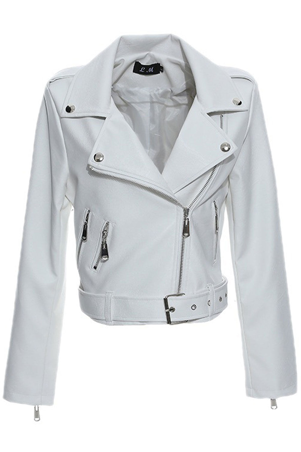 Women Unpigmented Lapel Collar Smooth Waist Buckled Belt & Zippered Fastener Cozy Winter Leather Jacket