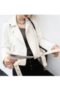 Women Unpigmented Lapel Collar Smooth Waist Buckled Belt & Zippered Fastener Cozy Winter Leather Jacket