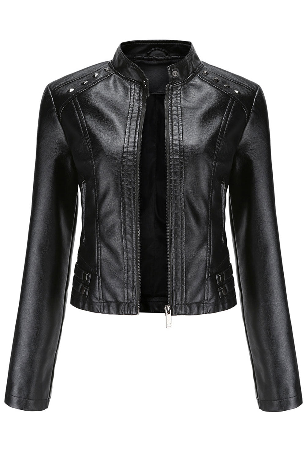 Women Sharp Color Lapel Collar Neck Long Sleeves Side Zippered Pocket & Cross Zip Fastener Warm Winter Leather Jacket