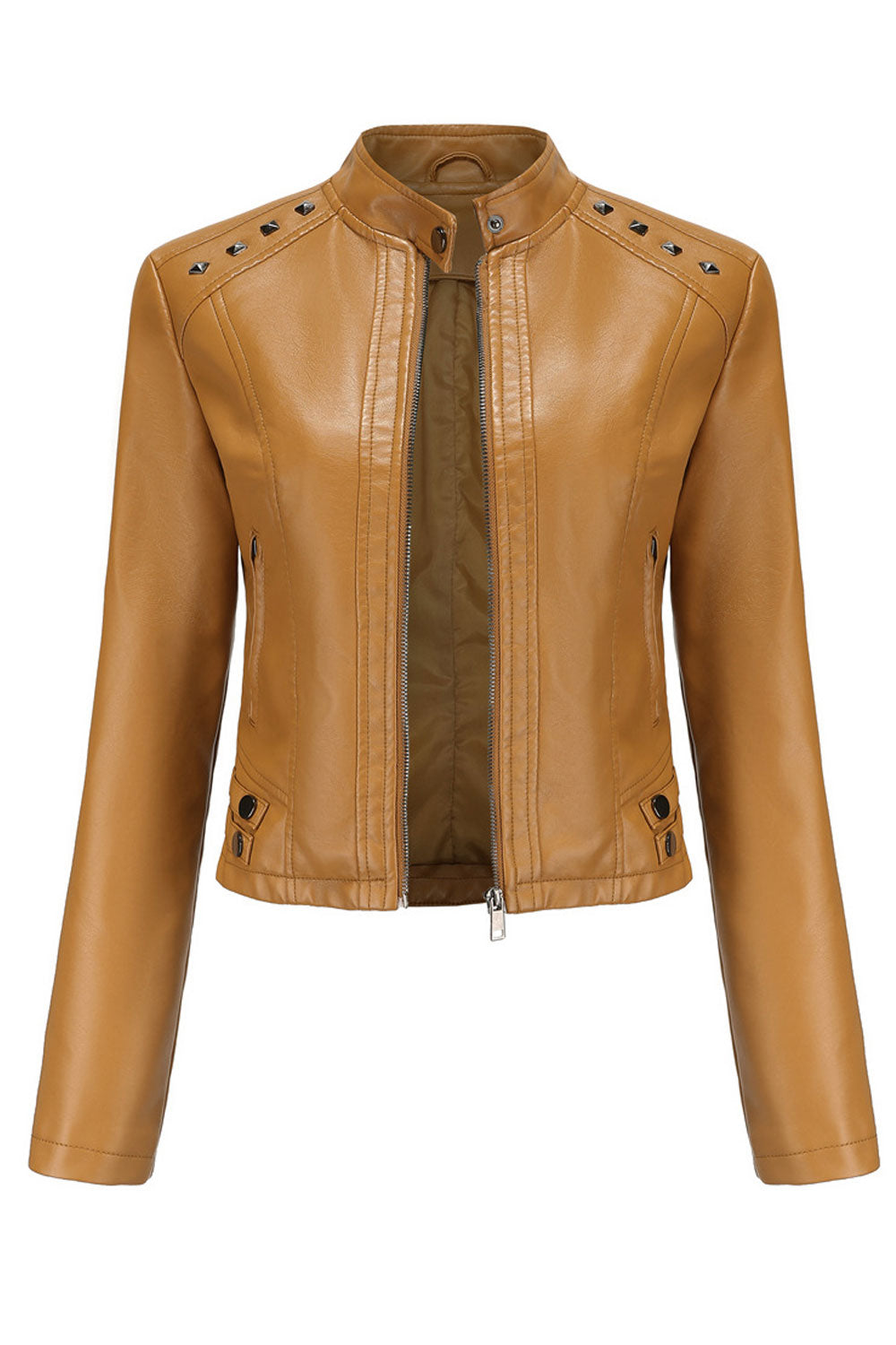 Women Sharp Color Lapel Collar Neck Long Sleeves Side Zippered Pocket & Cross Zip Fastener Warm Winter Leather Jacket