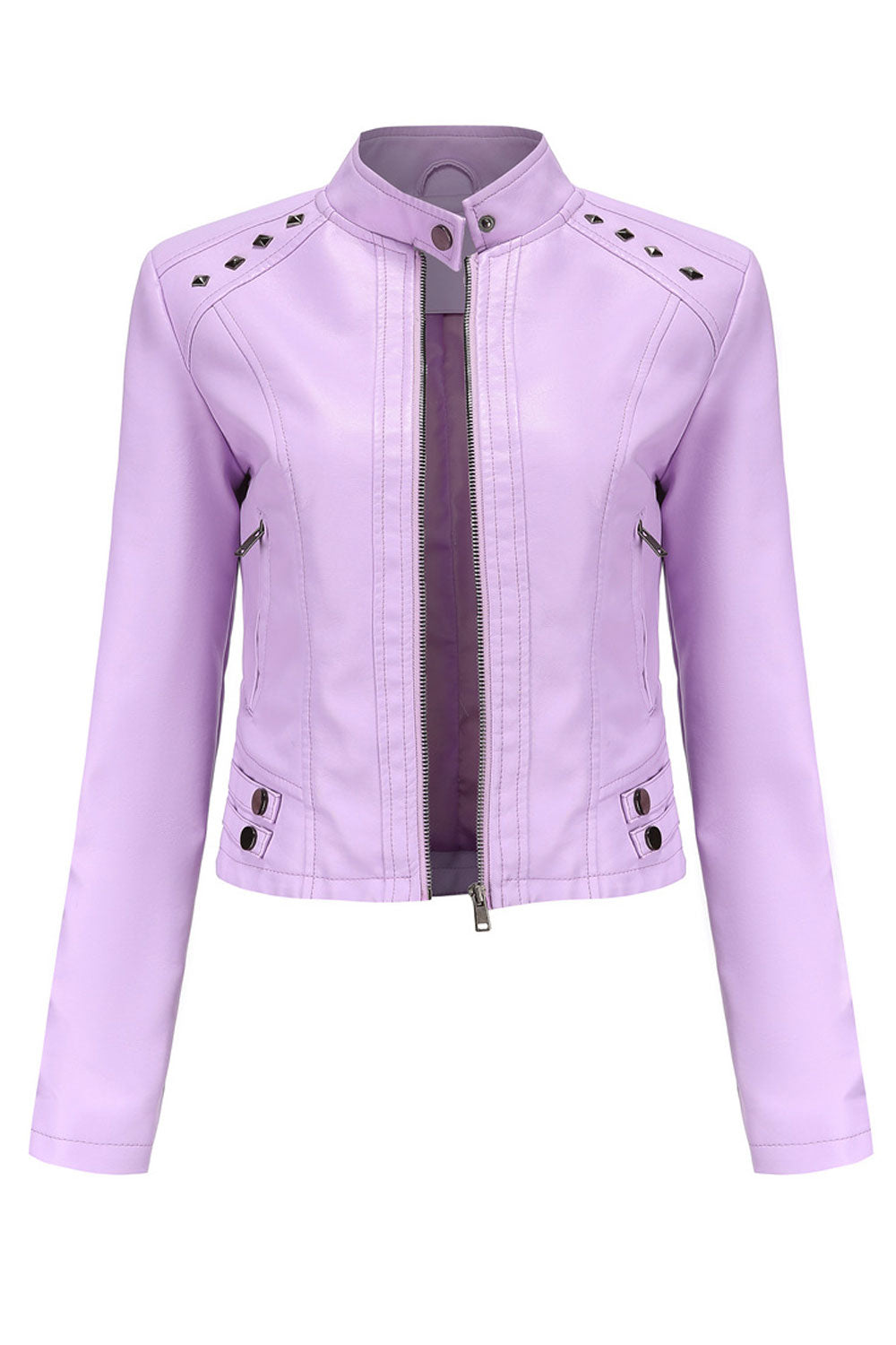 Women Sharp Color Lapel Collar Neck Long Sleeves Side Zippered Pocket & Cross Zip Fastener Warm Winter Leather Jacket