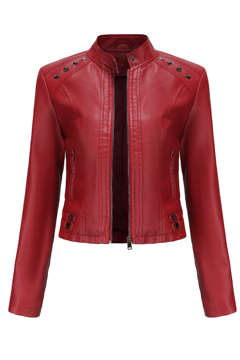 Women Sharp Color Lapel Collar Neck Long Sleeves Side Zippered Pocket & Cross Zip Fastener Warm Winter Leather Jacket