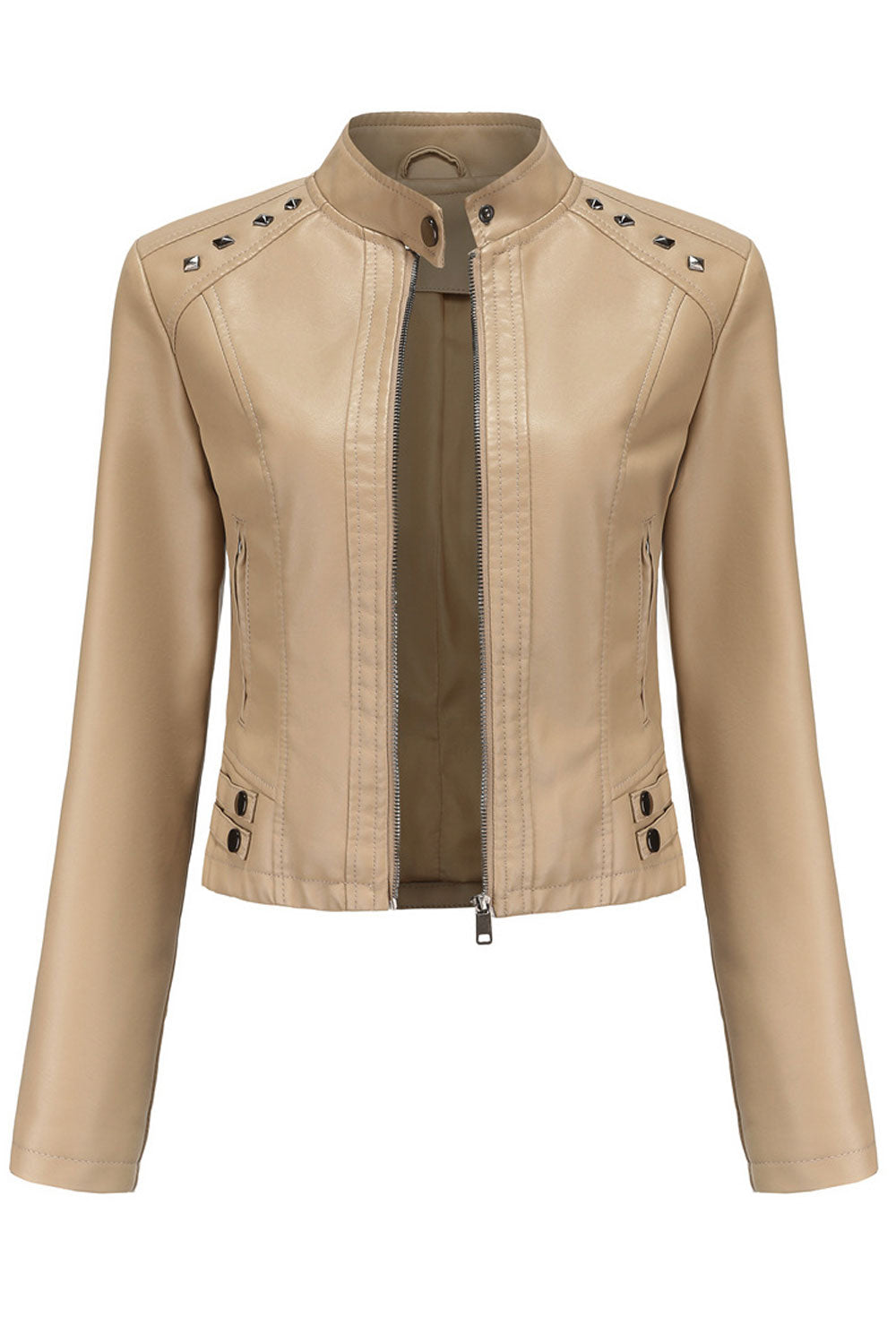 Women Sharp Color Lapel Collar Neck Long Sleeves Side Zippered Pocket & Cross Zip Fastener Warm Winter Leather Jacket