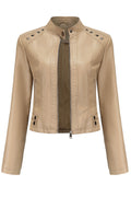 Women Sharp Color Lapel Collar Neck Long Sleeves Side Zippered Pocket & Cross Zip Fastener Warm Winter Leather Jacket
