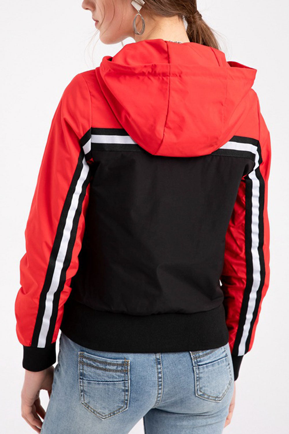 Women Fashionable Dichromatic Drawstring Hooded Knitted Ribbed Cuff & Hem Side Slash Pocket & Light Front Zip Fastener Cozy Wint