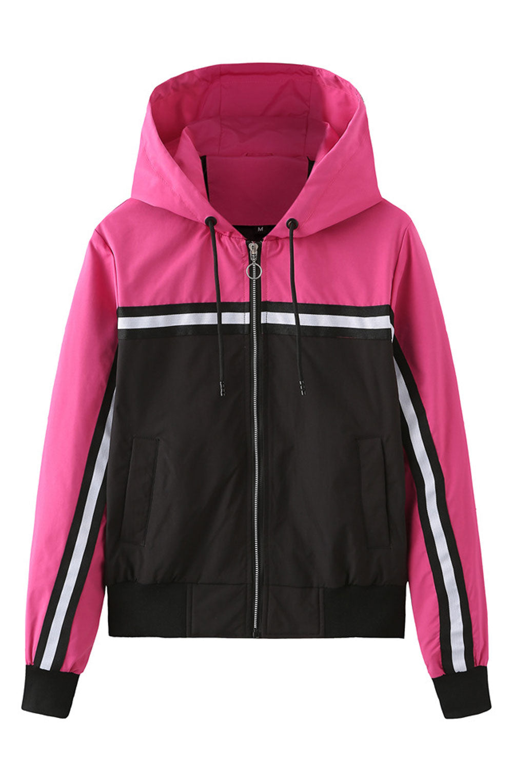 Women Fashionable Dichromatic Drawstring Hooded Knitted Ribbed Cuff & Hem Side Slash Pocket & Light Front Zip Fastener Cozy Wint