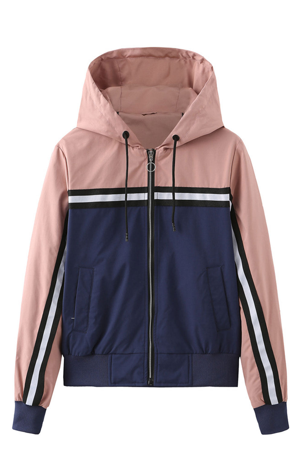Women Fashionable Dichromatic Drawstring Hooded Knitted Ribbed Cuff & Hem Side Slash Pocket & Light Front Zip Fastener Cozy Wint