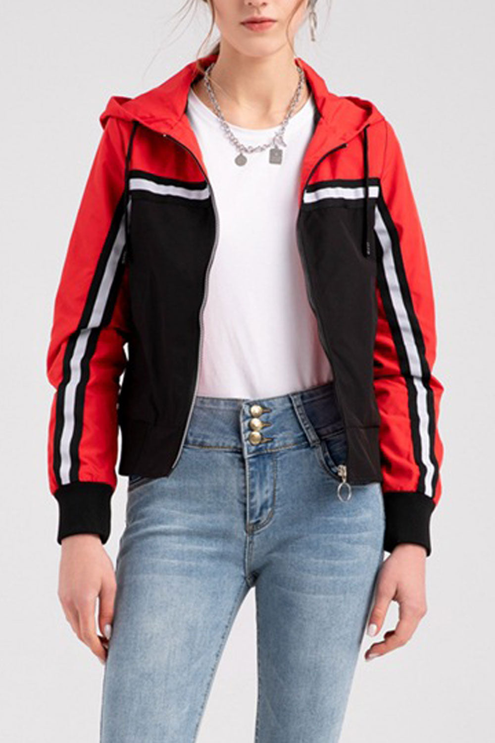 Women Fashionable Dichromatic Drawstring Hooded Knitted Ribbed Cuff & Hem Side Slash Pocket & Light Front Zip Fastener Cozy Wint