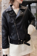 Women Decent Lapel Collar Neck Buttoned Cuff Waist Buckled Belt & Oblique Zip Fastener Soothing Winter Leather Jacket