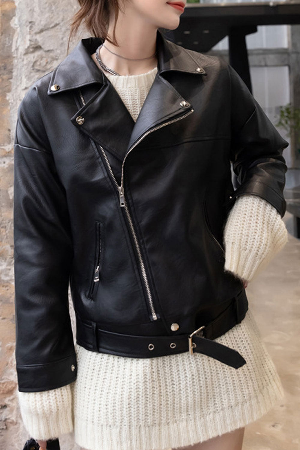 Women Decent Lapel Collar Neck Buttoned Cuff Waist Buckled Belt & Oblique Zip Fastener Soothing Winter Leather Jacket