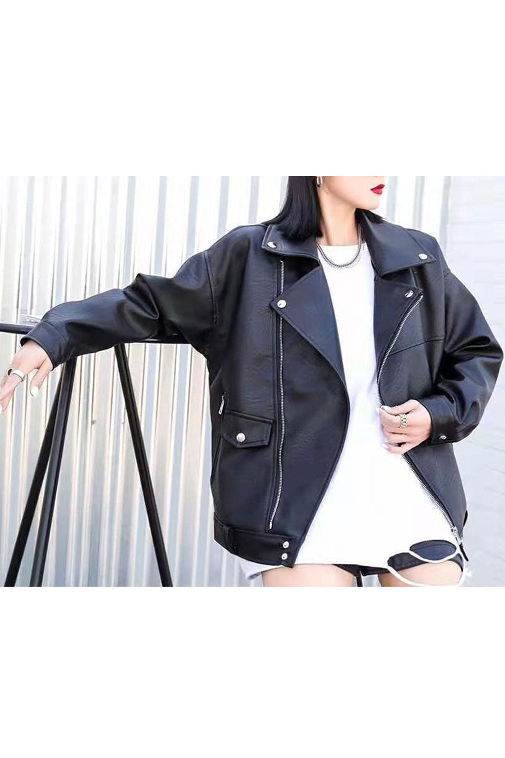 Women Loose Soft Lapel Collar Buttoned Cuff Flap Pocket & Cross Zip Fastener Warm Winter Leather Jacket