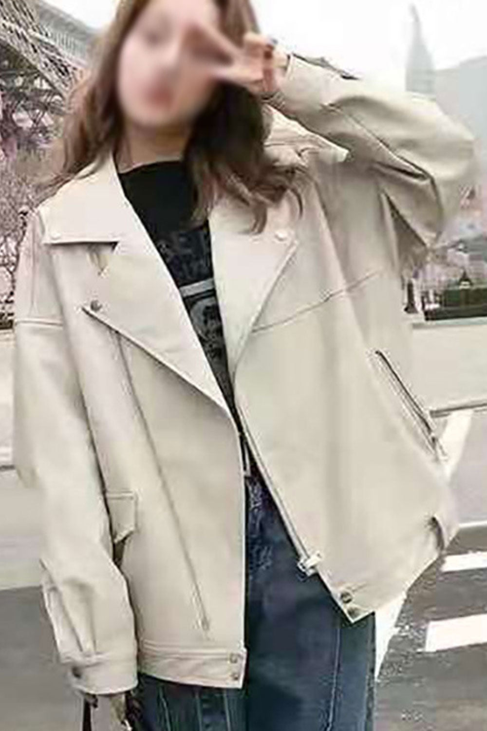 Women Loose Soft Lapel Collar Buttoned Cuff Flap Pocket & Cross Zip Fastener Warm Winter Leather Jacket