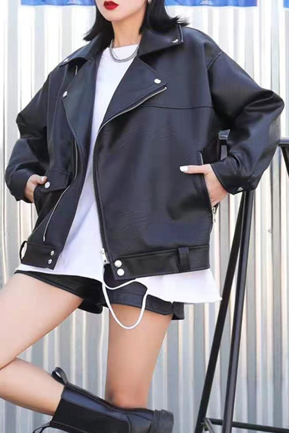 Women Loose Soft Lapel Collar Buttoned Cuff Flap Pocket & Cross Zip Fastener Warm Winter Leather Jacket