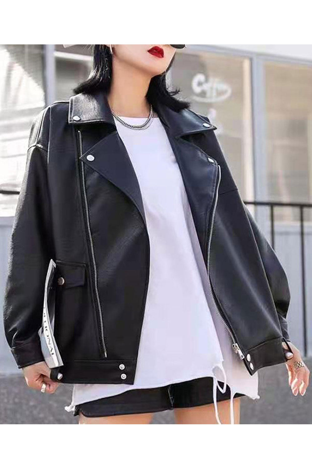 Women Loose Soft Lapel Collar Buttoned Cuff Flap Pocket & Cross Zip Fastener Warm Winter Leather Jacket
