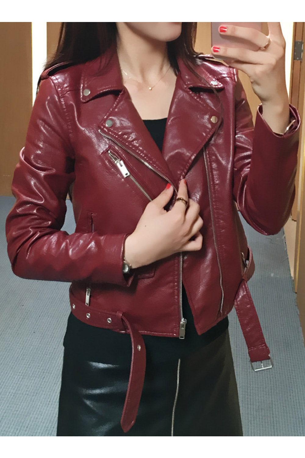 Women Shiny Lapel Collar Cross Zip Fastener Waist Belt & Buckle Side Zip Pocket Winter Leather Jacket