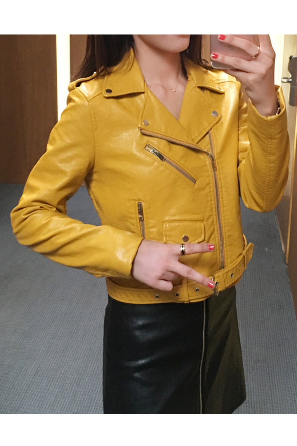 Women Shiny Lapel Collar Cross Zip Fastener Waist Belt & Buckle Side Zip Pocket Winter Leather Jacket