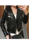 Women Shiny Lapel Collar Cross Zip Fastener Waist Belt & Buckle Side Zip Pocket Winter Leather Jacket