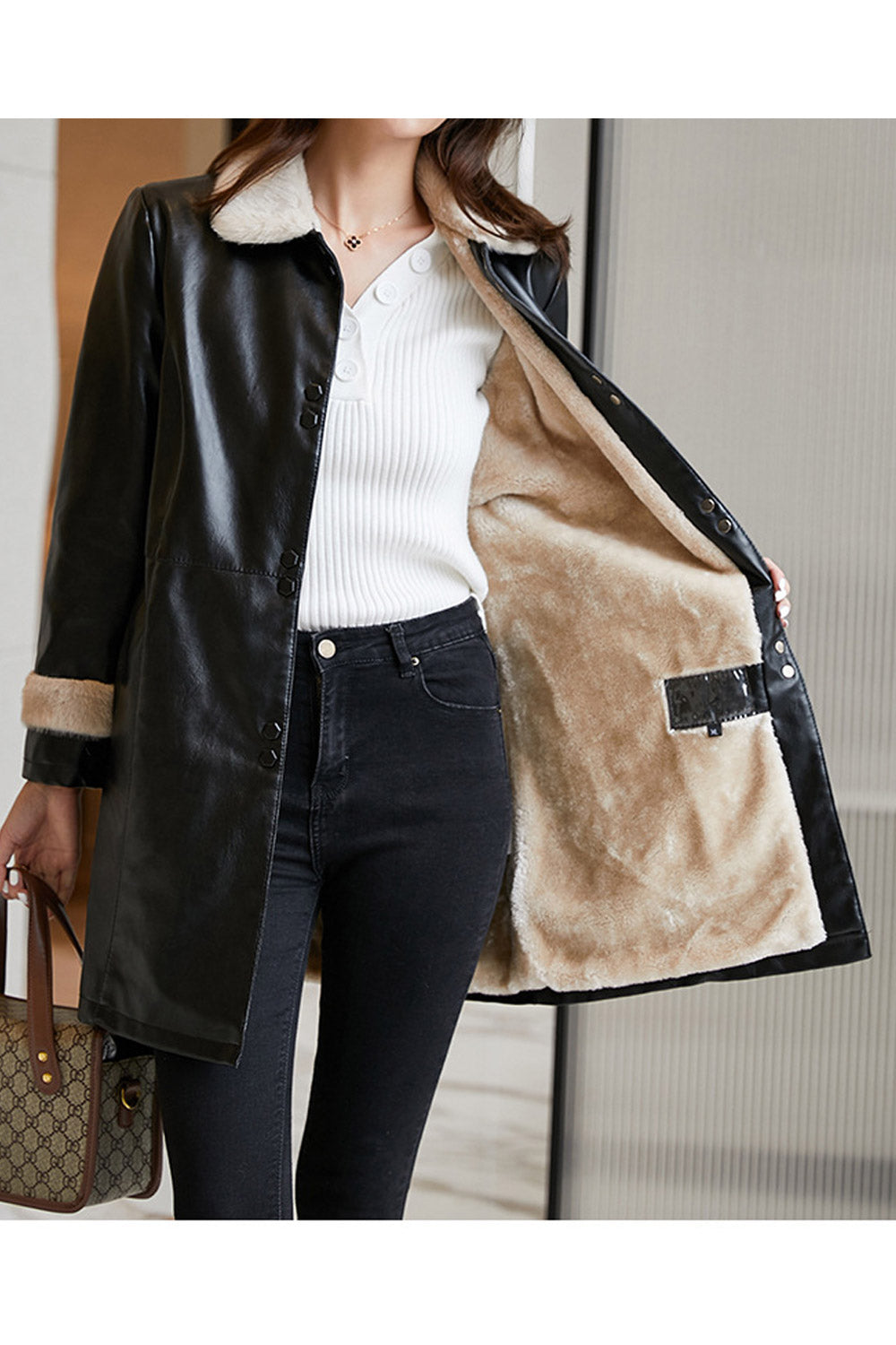 Women Charming Collar Neck Slash pocket & Easy Buttoned Fastener Fluffy Winter Leather Jacket