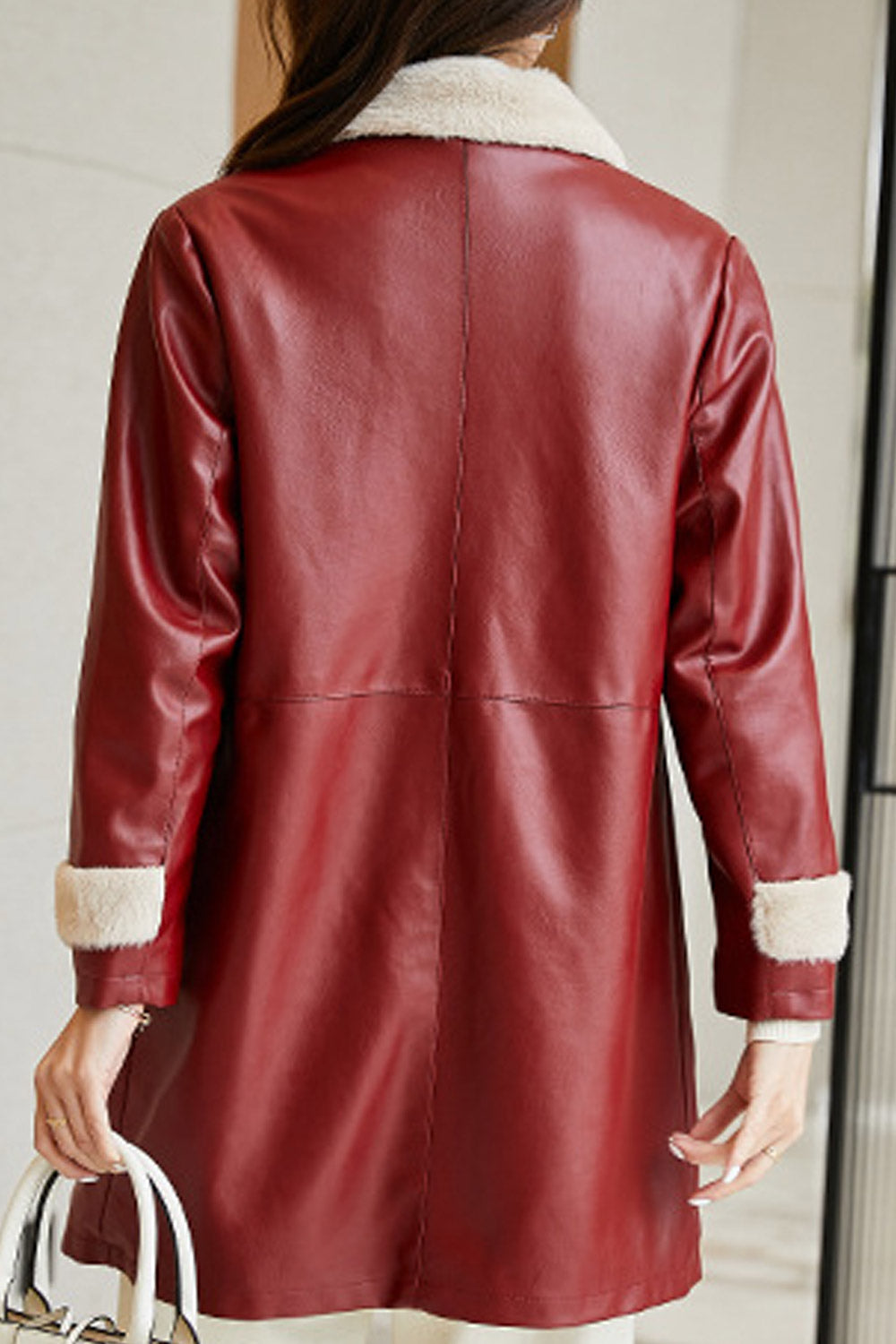 Women Charming Collar Neck Slash pocket & Easy Buttoned Fastener Fluffy Winter Leather Jacket