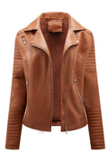 Women Sharp Color Lapel Collar Neck Long Sleeves Side Zippered Pocket & Cross Zip Fastener Winter Leather Jacket