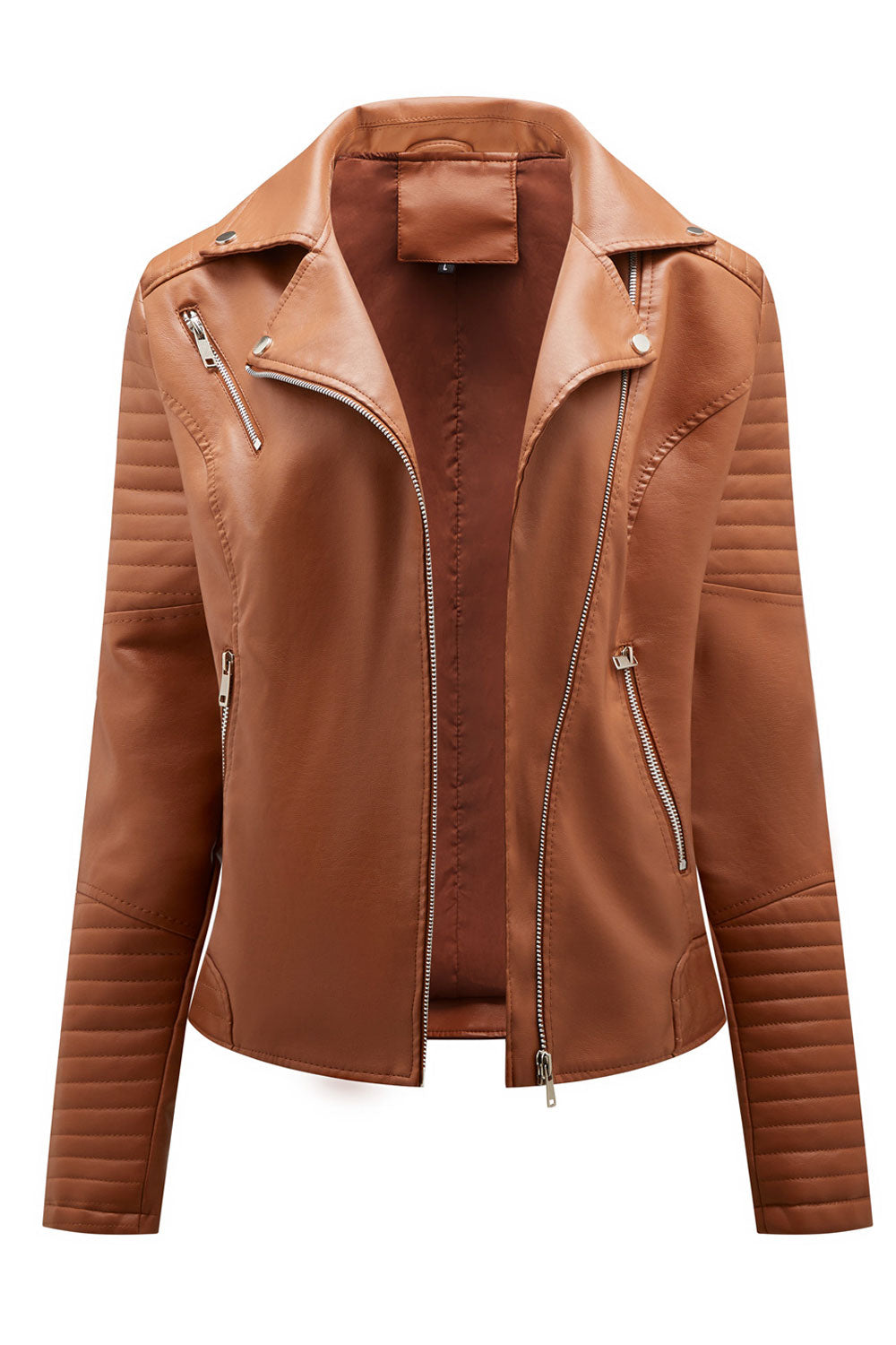 Women Sharp Color Lapel Collar Neck Long Sleeves Side Zippered Pocket & Cross Zip Fastener Winter Leather Jacket