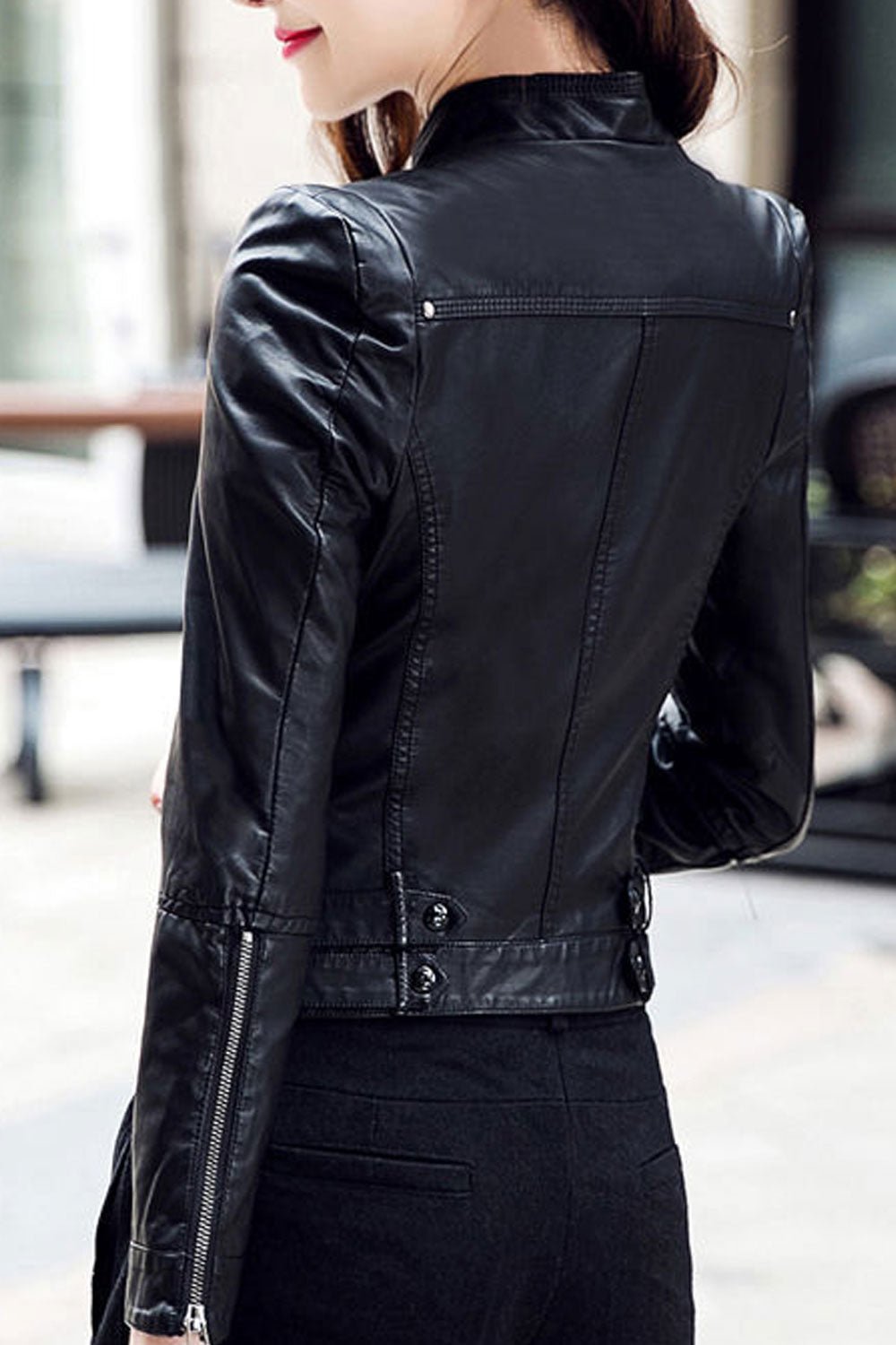 Women Enticing Lapel Collar Neck Zipper Cuff Long Sleeves Side Zippered Pocket & Cross Zip Fastener Polish Winter Leather Jacket